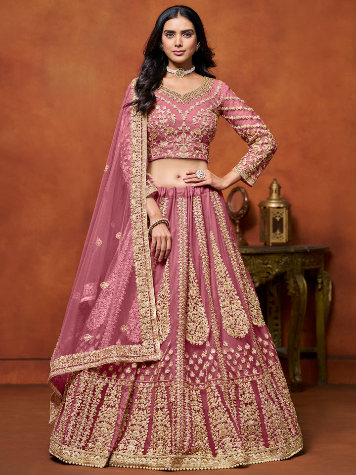 Beautiful Pink Zari Embroidered Net Bridesmaid Lehenga Choli With Dupatta