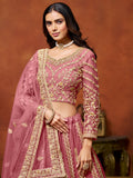 Beautiful Pink Zari Embroidered Net Bridesmaid Lehenga Choli With Dupatta