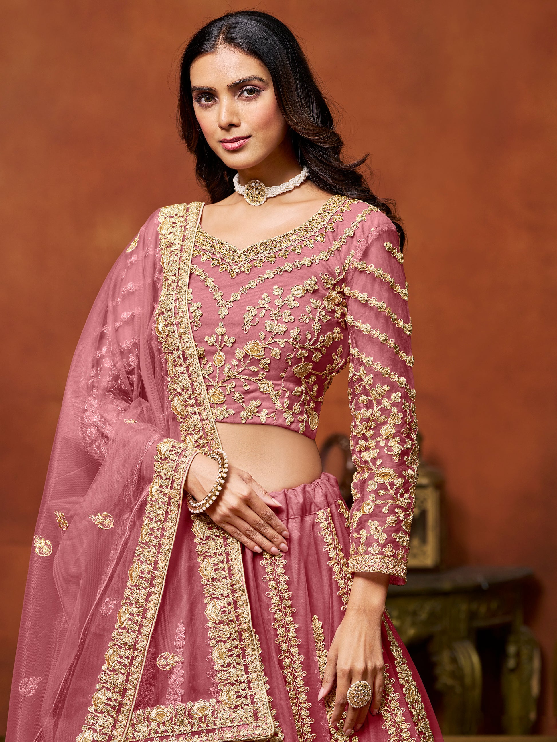 Beautiful Pink Zari Embroidered Net Bridesmaid Lehenga Choli With Dupatta