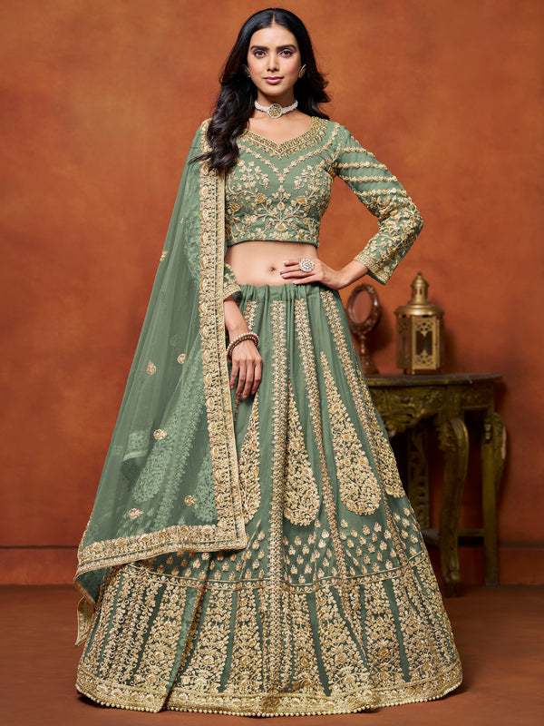 Rich Pista Green Zari Work Net Engagement Wear Lehenga Choli