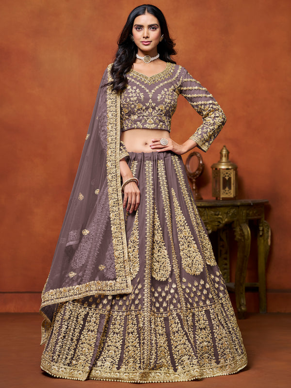 Dazzling Lilac Embroidered Net Designer Lehenga Choli With Dupatta