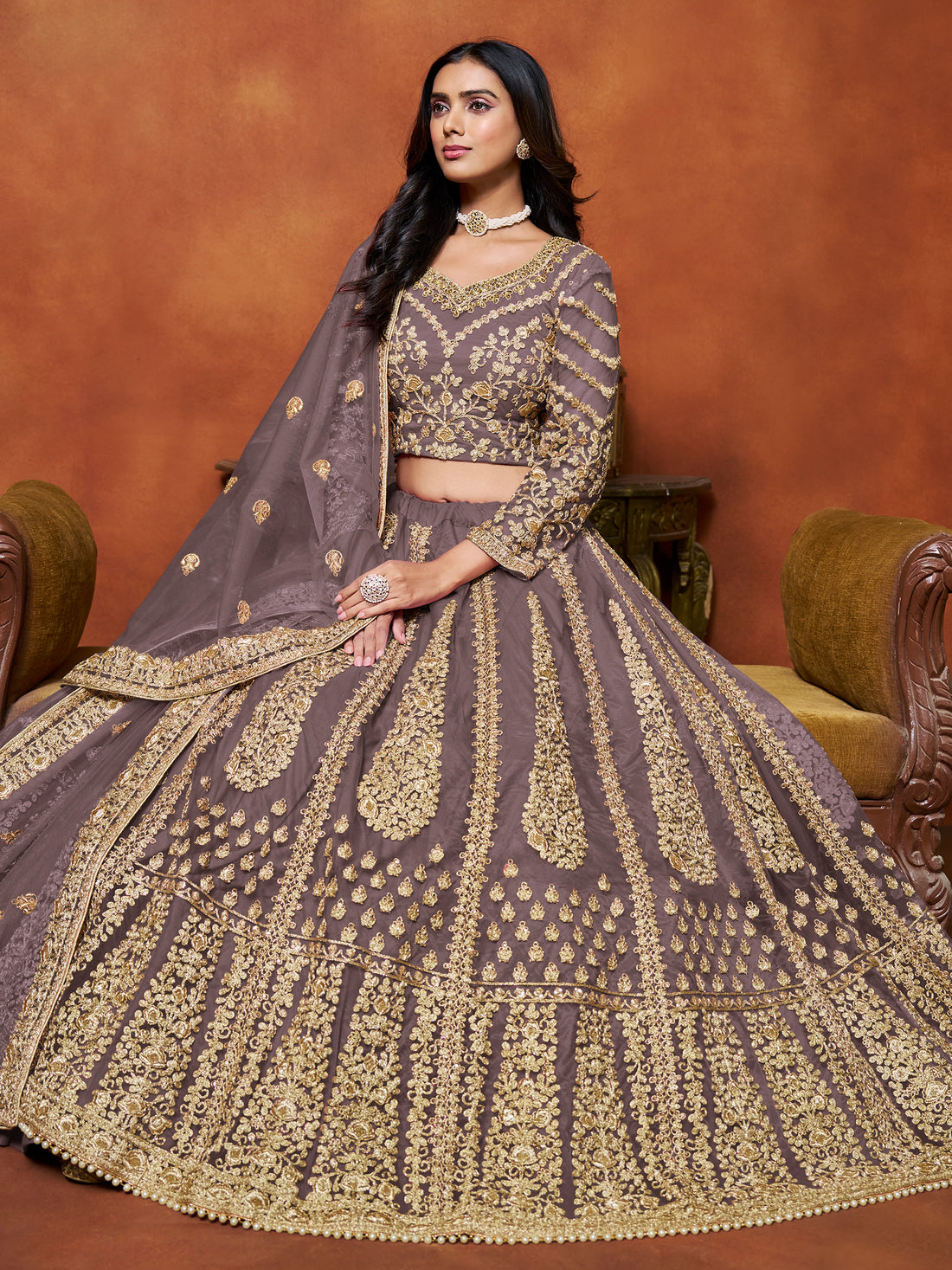 Dazzling Lilac Embroidered Net Designer Lehenga Choli With Dupatta