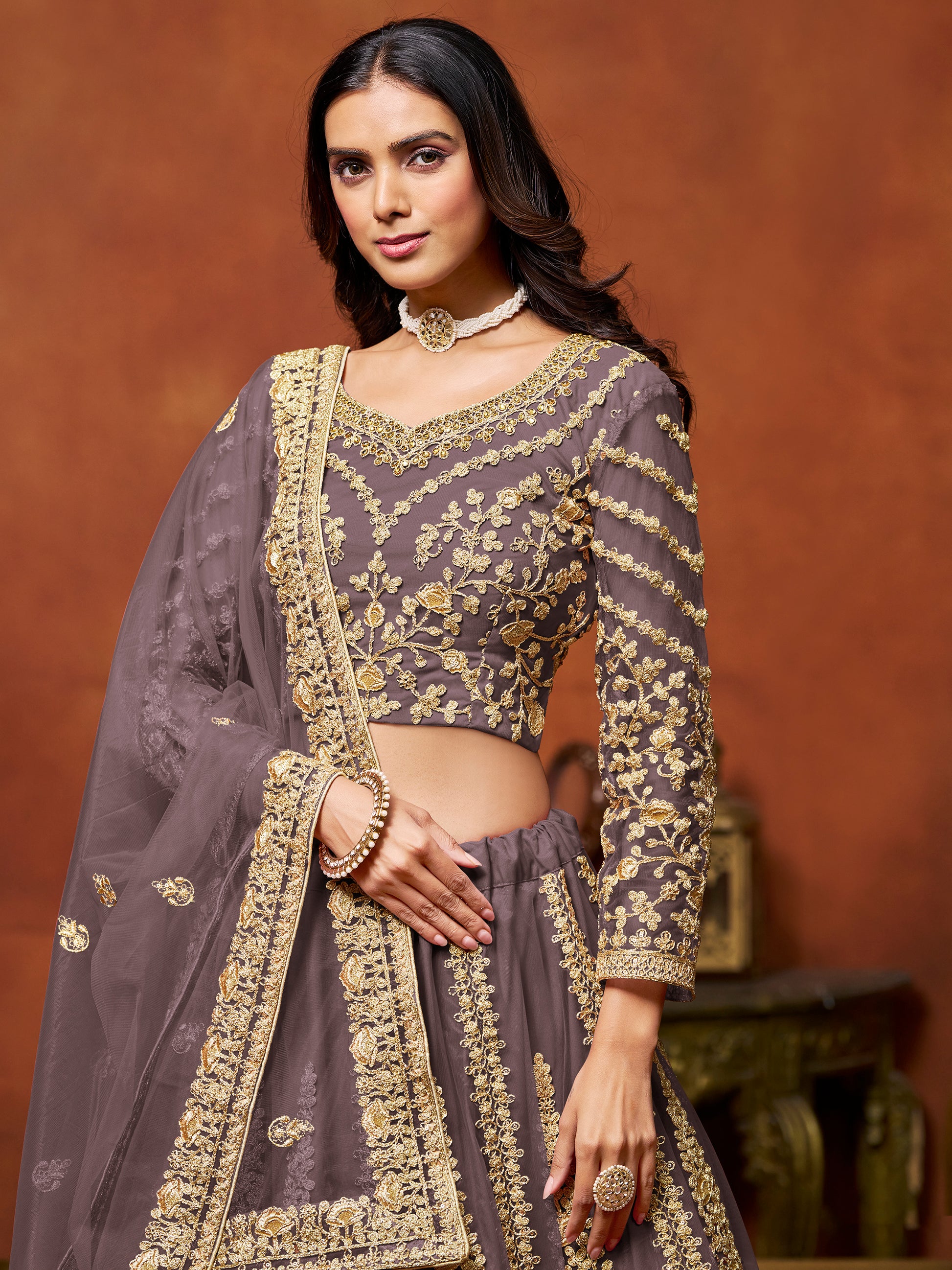 Dazzling Lilac Embroidered Net Designer Lehenga Choli With Dupatta