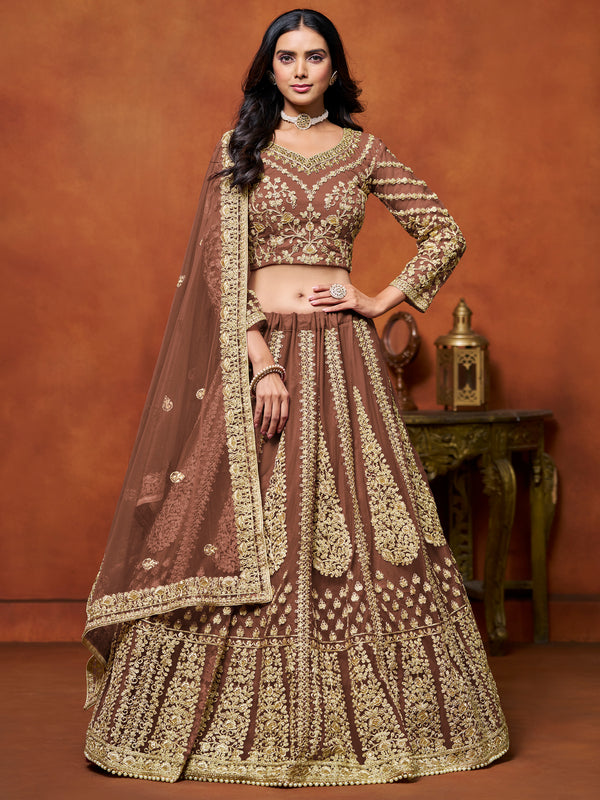 Gorgeous Brown Zari Embroidered Net Reception Wear Lehenga Choli