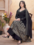 Attractive Black Foil Printed Silk Anarkali Suit Palazzo With Dupatta