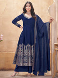 Beautiful Navy Blue Foil Printed Silk Function Wear Anarkali Suit Palazzo