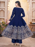 Beautiful Navy Blue Foil Printed Silk Function Wear Anarkali Suit Palazzo