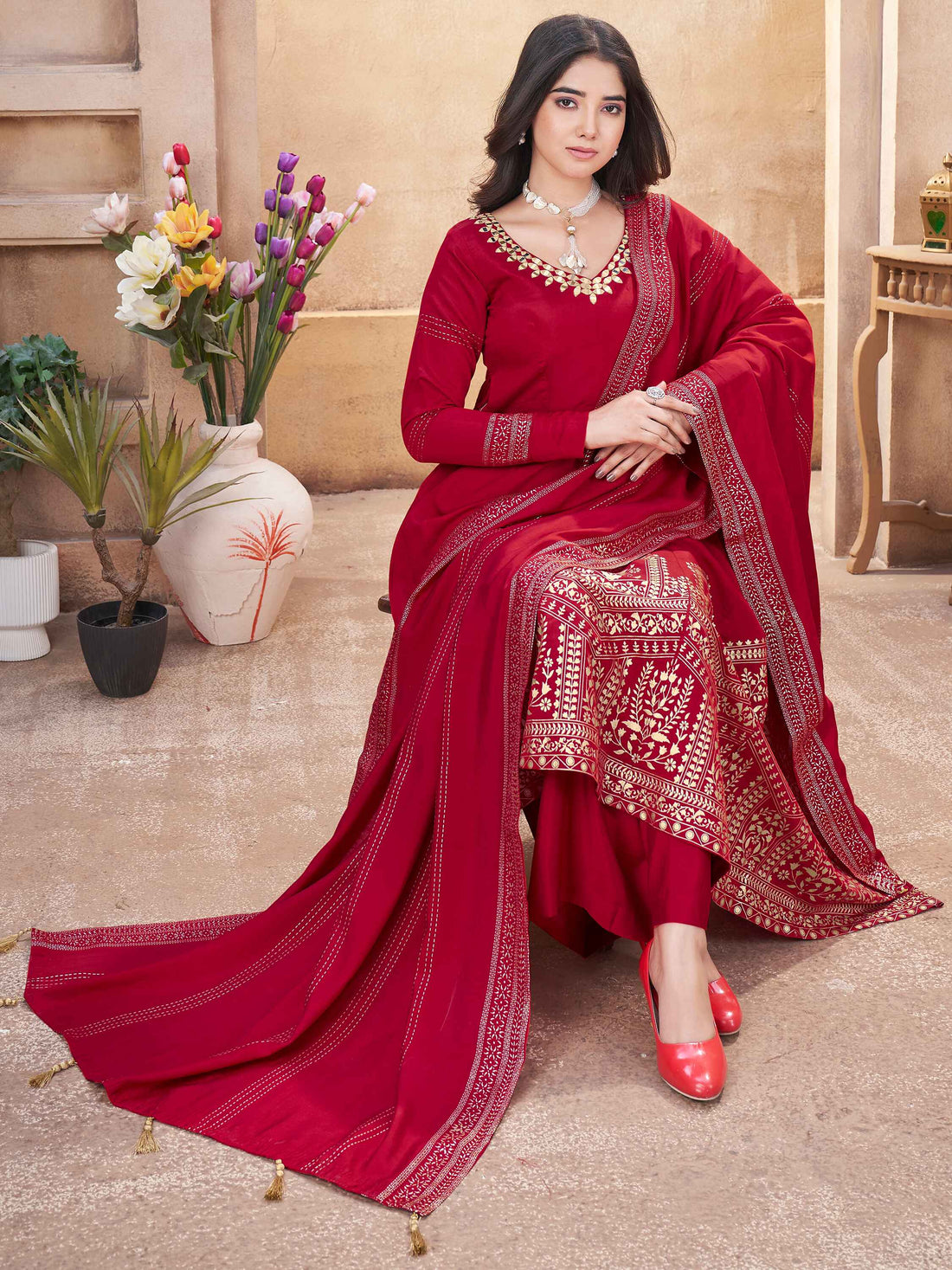 Exquisite Red Foil Printed Silk Traditional Anarkali Suit Palazzo