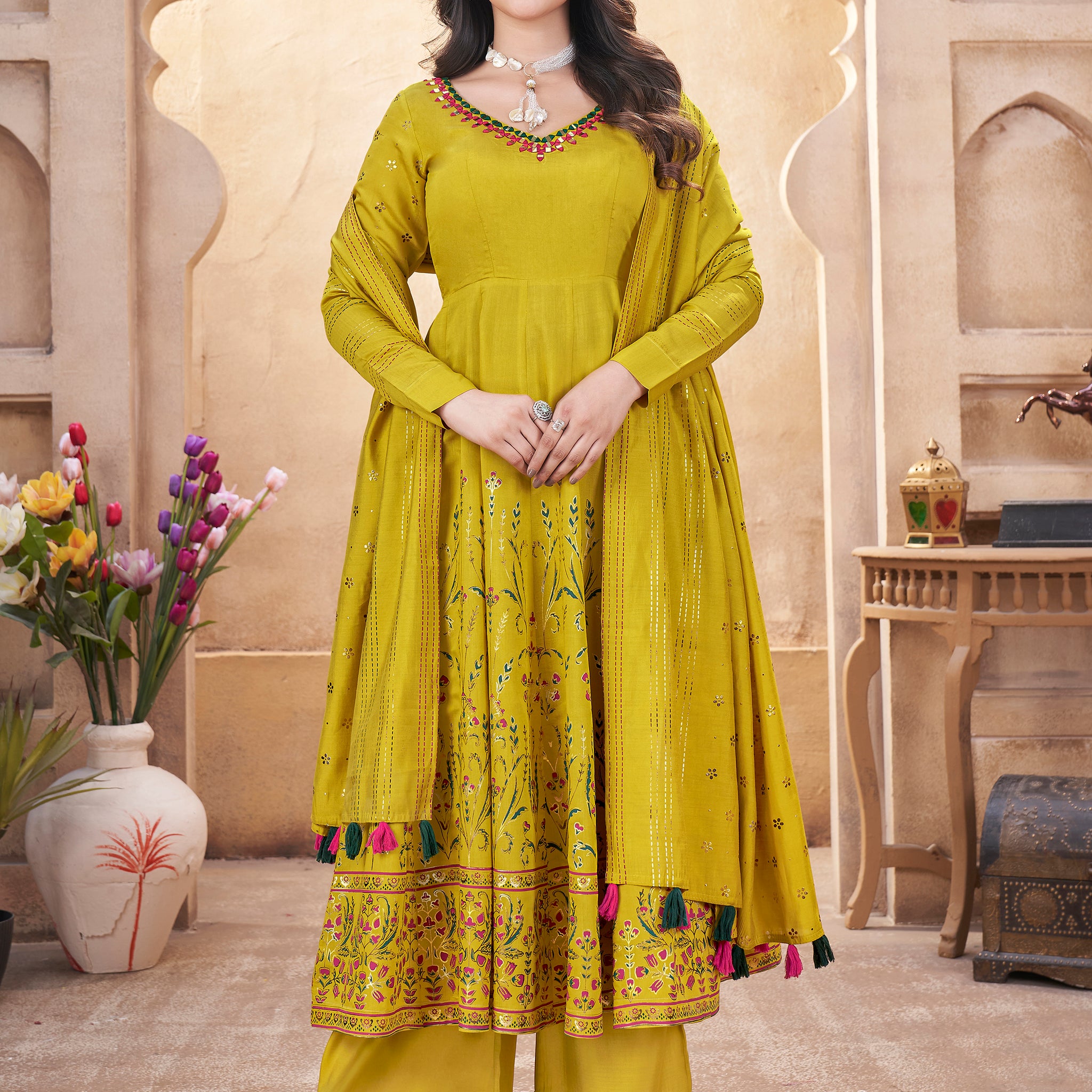 Enchanting Mustard Yellow Foil Printed Roman Silk Eid Special Anarkali Suit