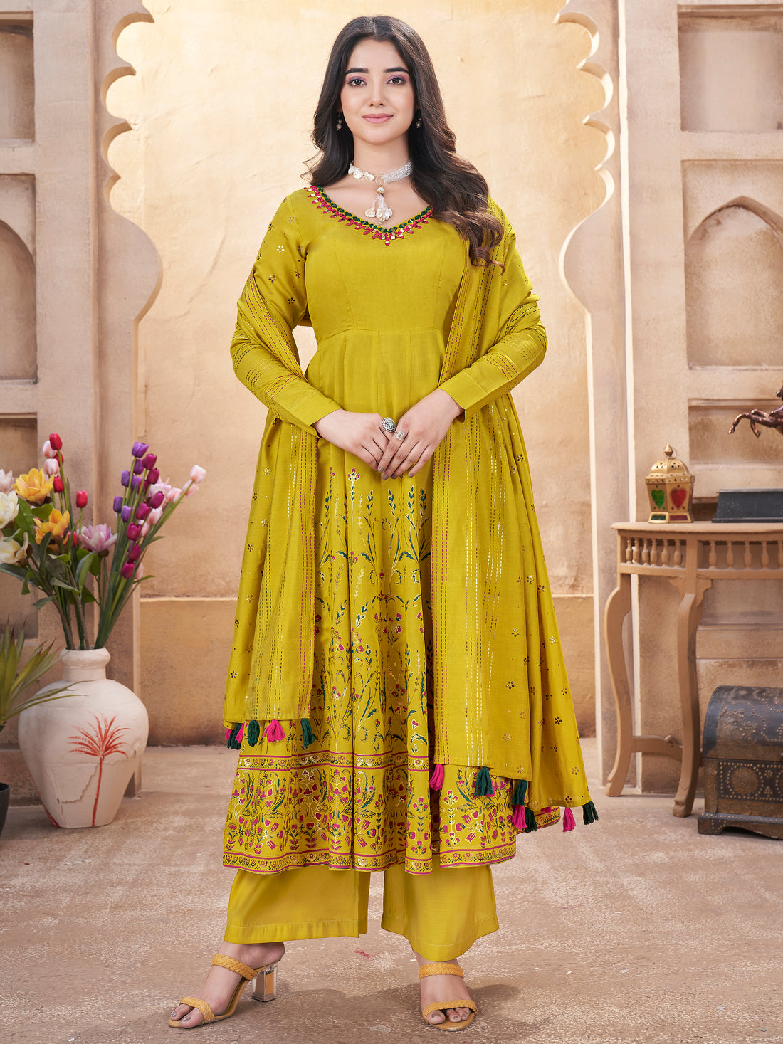 Enchanting Mustard Yellow Foil Printed Roman Silk Eid Special Anarkali Suit