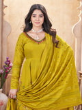 Enchanting Mustard Yellow Foil Printed Roman Silk Eid Special Anarkali Suit