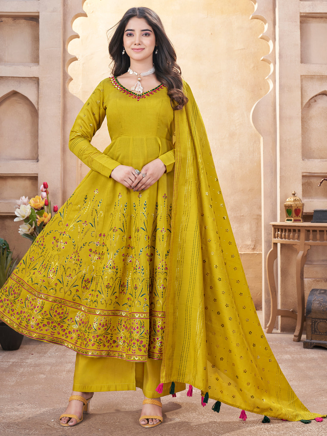 Enchanting Mustard Yellow Foil Printed Roman Silk Eid Special Anarkali Suit