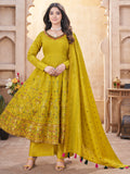 Enchanting Mustard Yellow Foil Printed Roman Silk Eid Special Anarkali Suit
