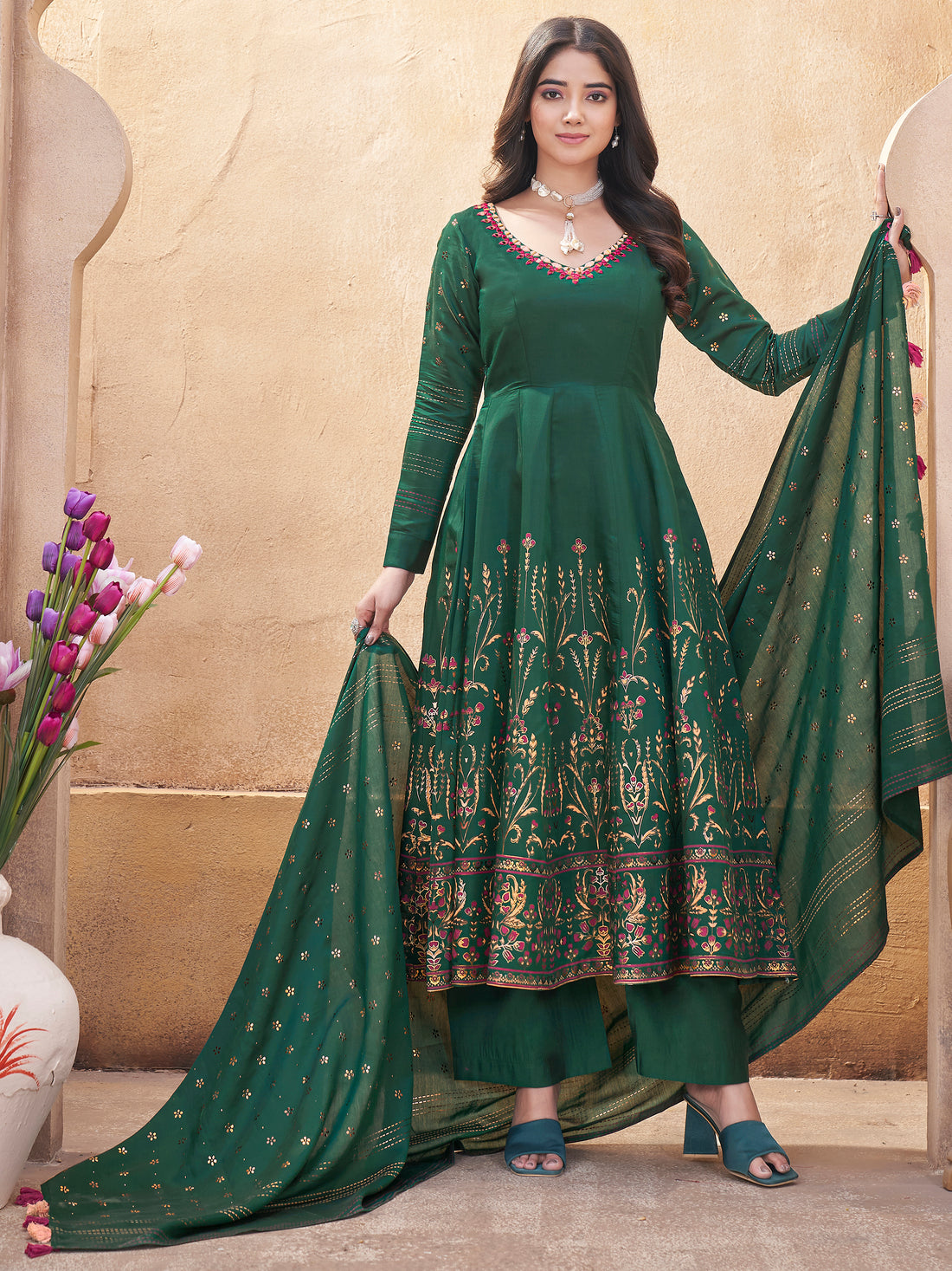 Dazzling Bottle Green Foil Printed Roman Silk Festive Wear Anarkali Suit