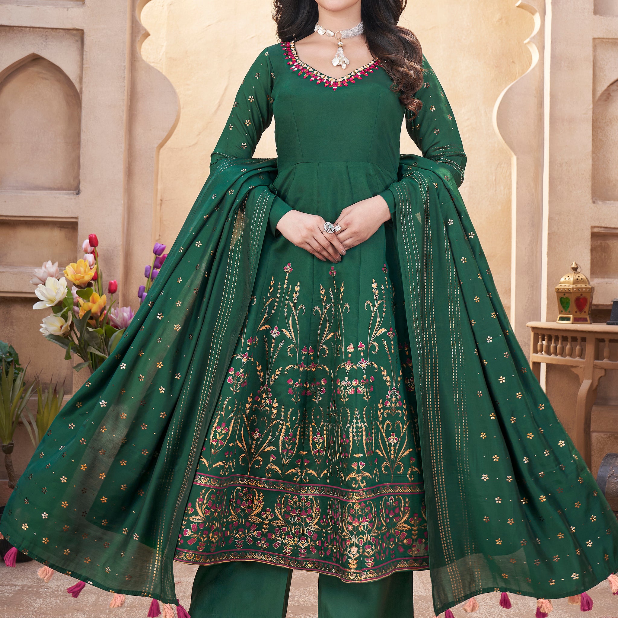 Dazzling Bottle Green Foil Printed Roman Silk Festive Wear Anarkali Suit