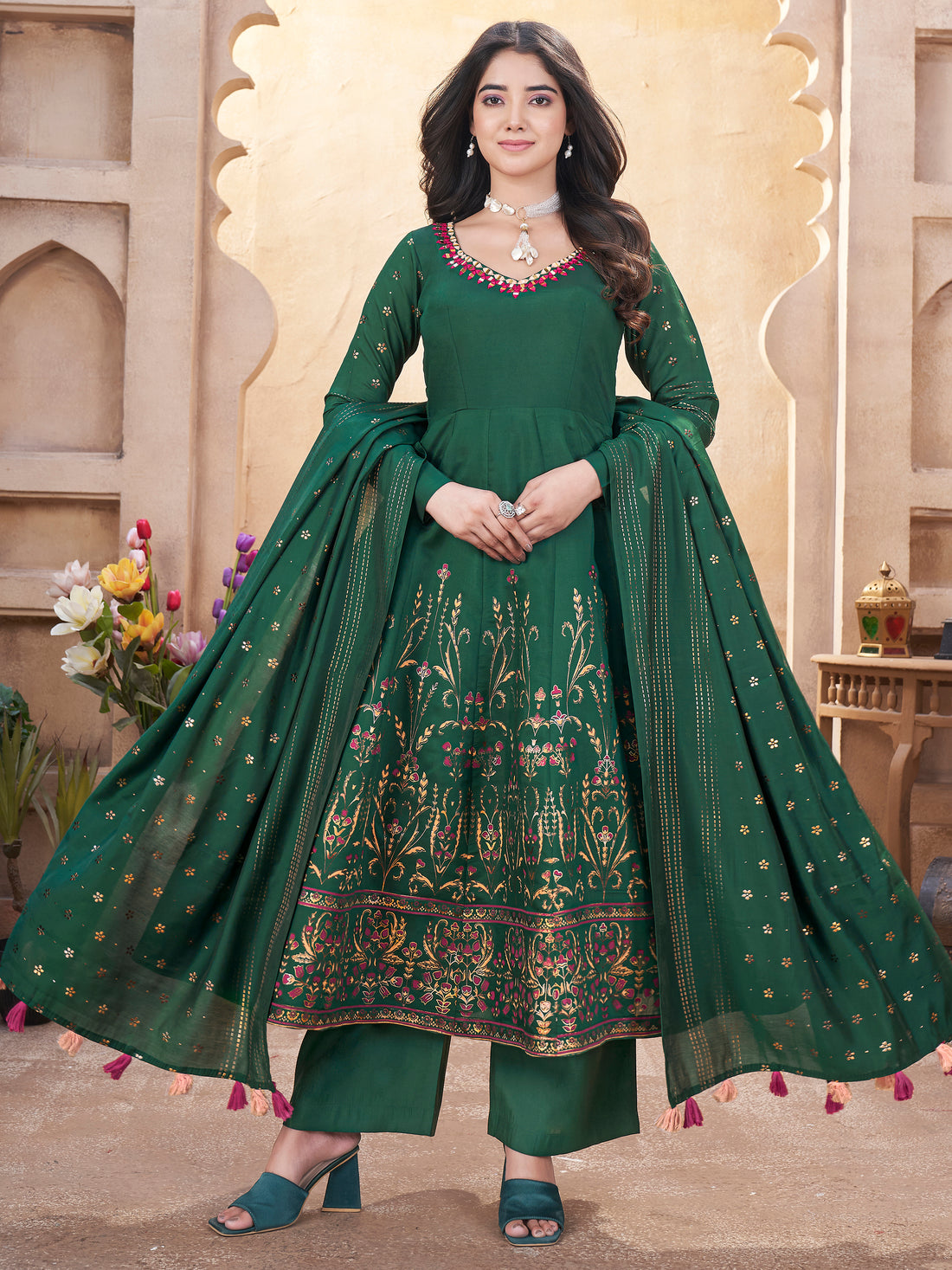 Dazzling Bottle Green Foil Printed Roman Silk Festive Wear Anarkali Suit