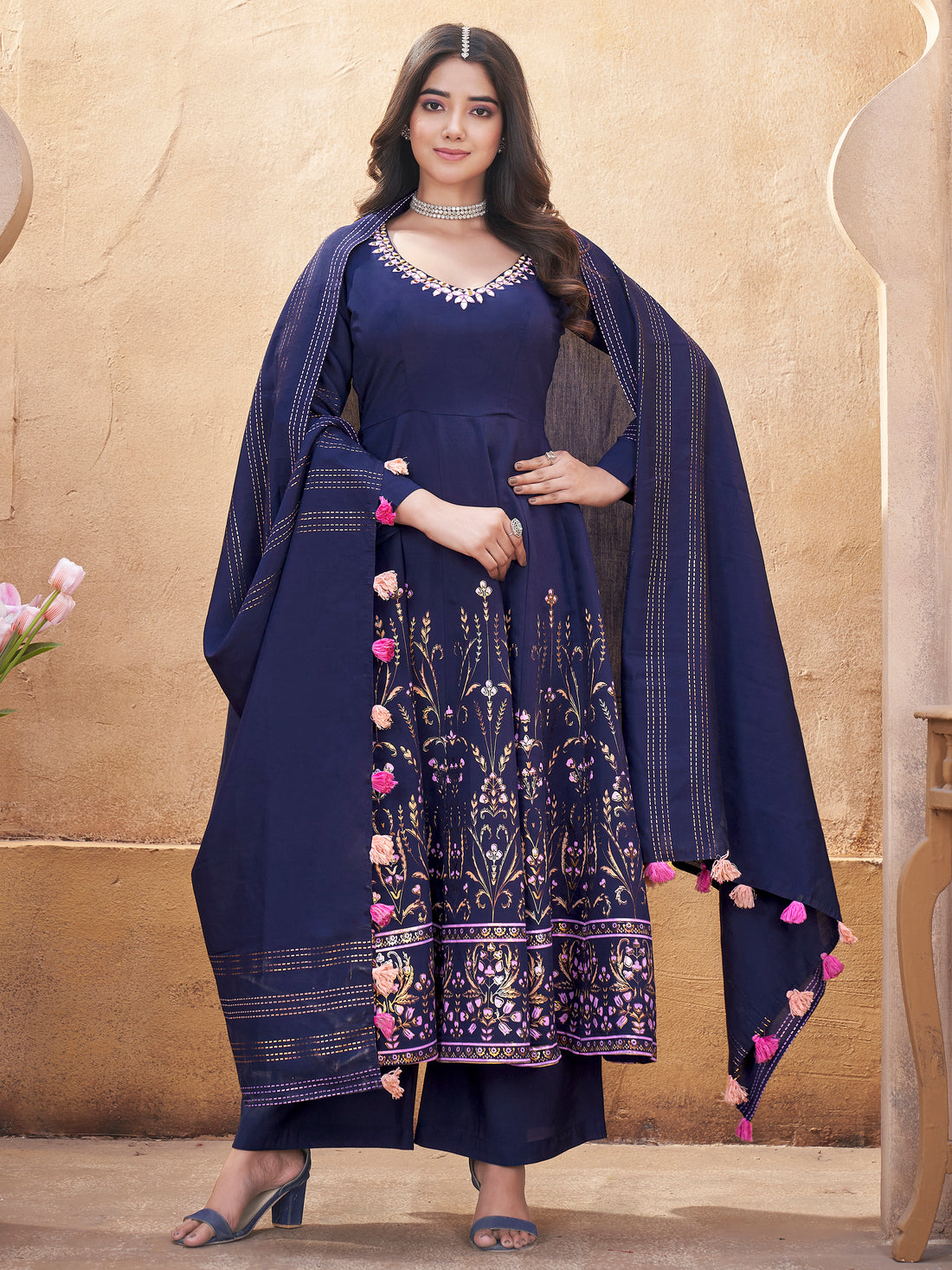 Pretty Navy Blue Foil Printed Roman Silk Traditional Anarkali Suit With Dupatta