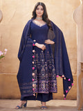 Pretty Navy Blue Foil Printed Roman Silk Traditional Anarkali Suit With Dupatta