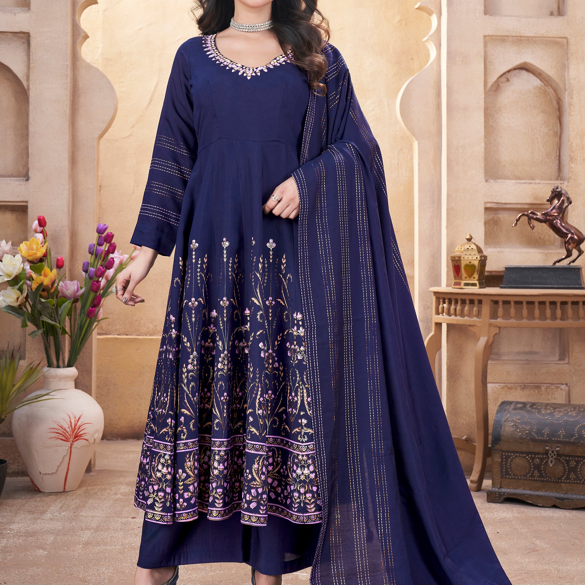 Pretty Navy Blue Foil Printed Roman Silk Traditional Anarkali Suit With Dupatta