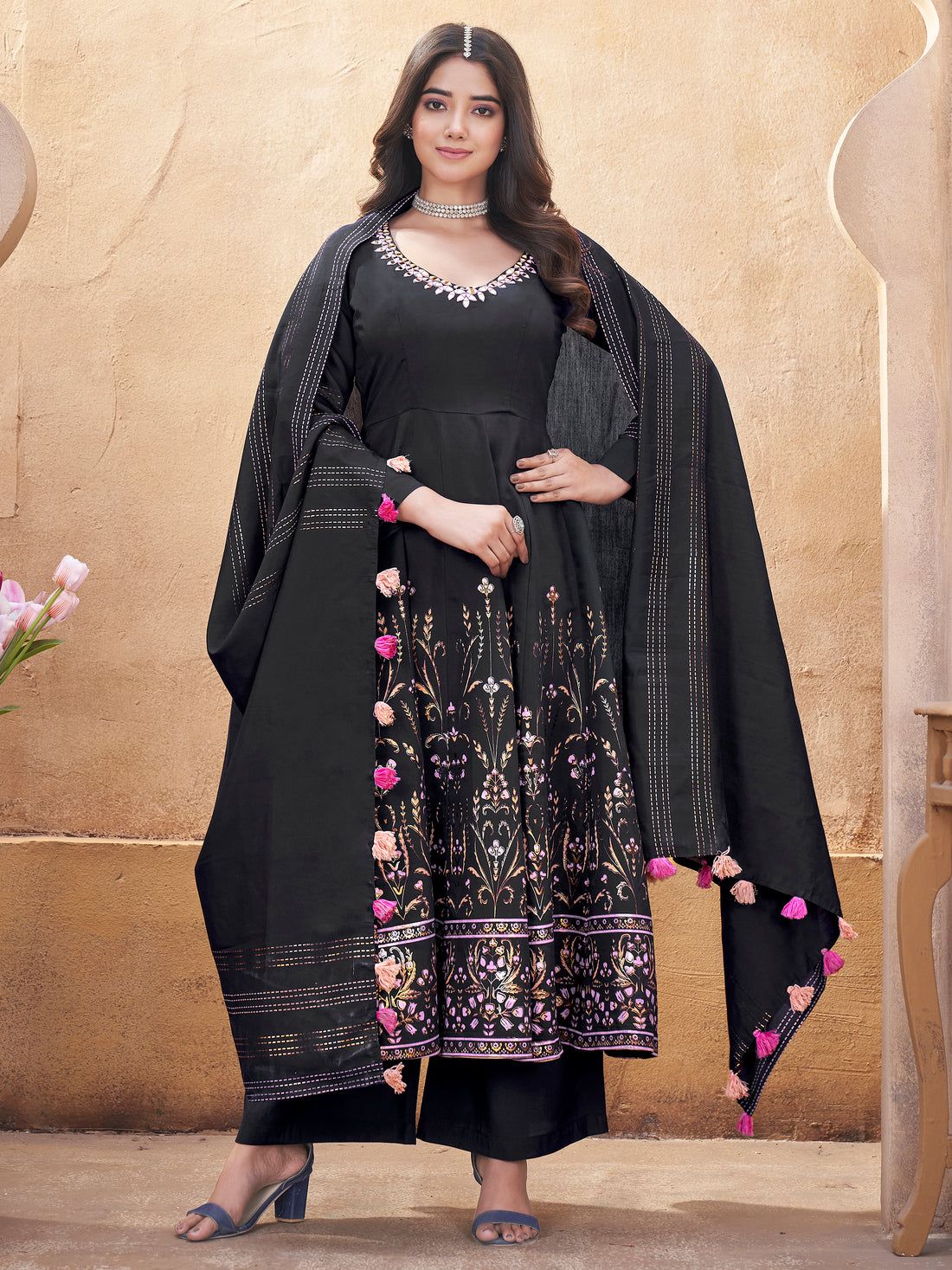captivating Black Foil Printed Roman Silk Anarkali Suit With Dupatta