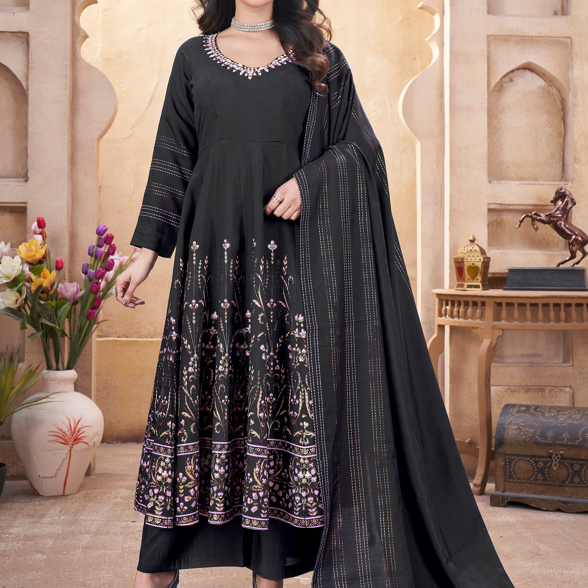 captivating Black Foil Printed Roman Silk Anarkali Suit With Dupatta