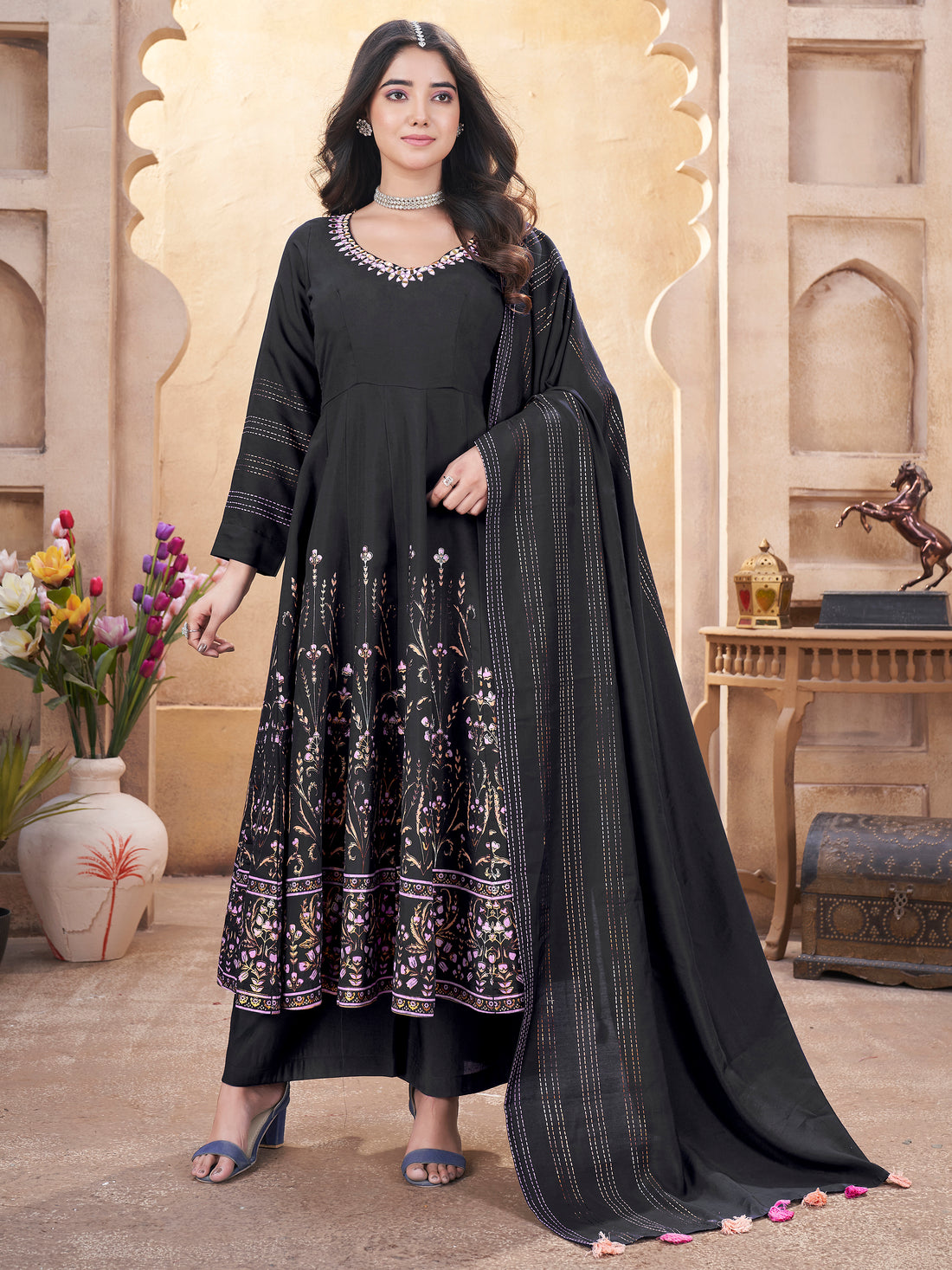 captivating Black Foil Printed Roman Silk Anarkali Suit With Dupatta