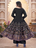 captivating Black Foil Printed Roman Silk Anarkali Suit With Dupatta