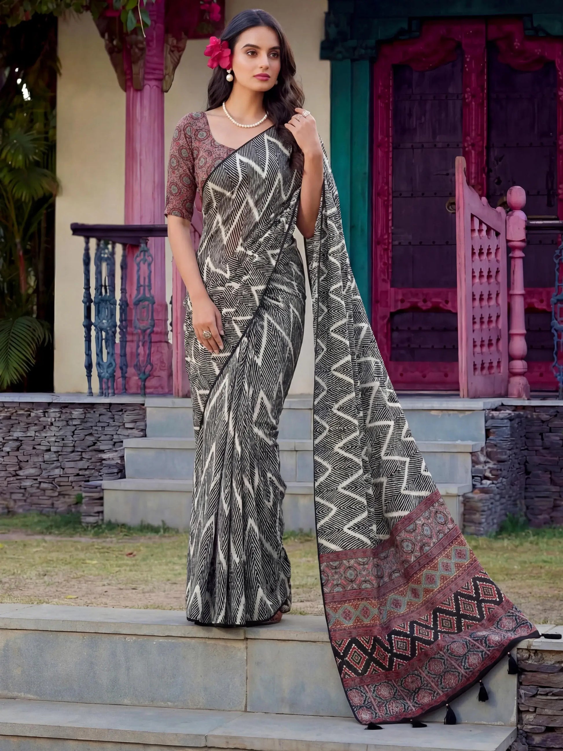 Amazeballs Black Zig-Zag Printed Crepe Office Wear Saree With Blouse