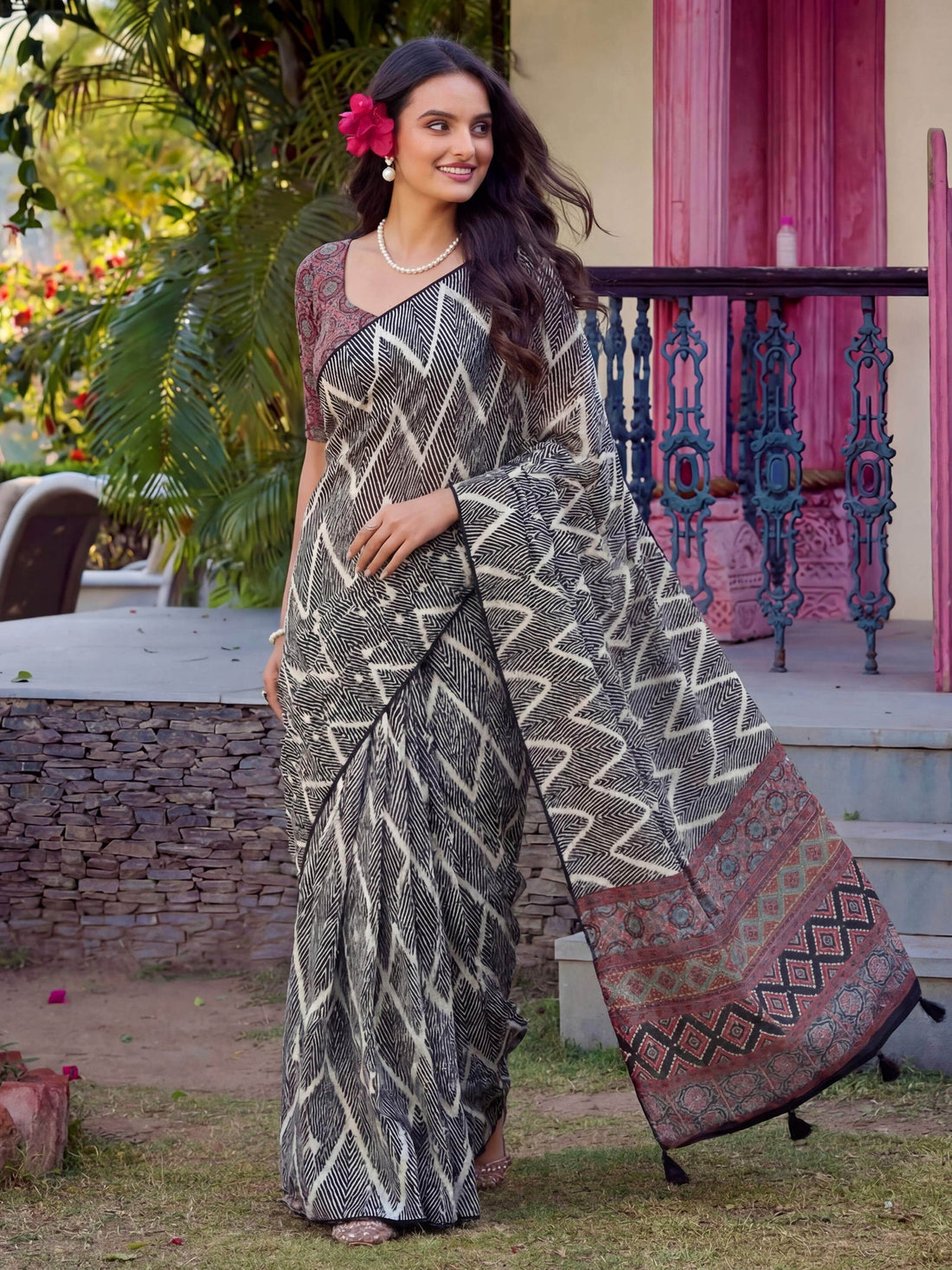 Amazeballs Black Zig-Zag Printed Crepe Office Wear Saree With Blouse