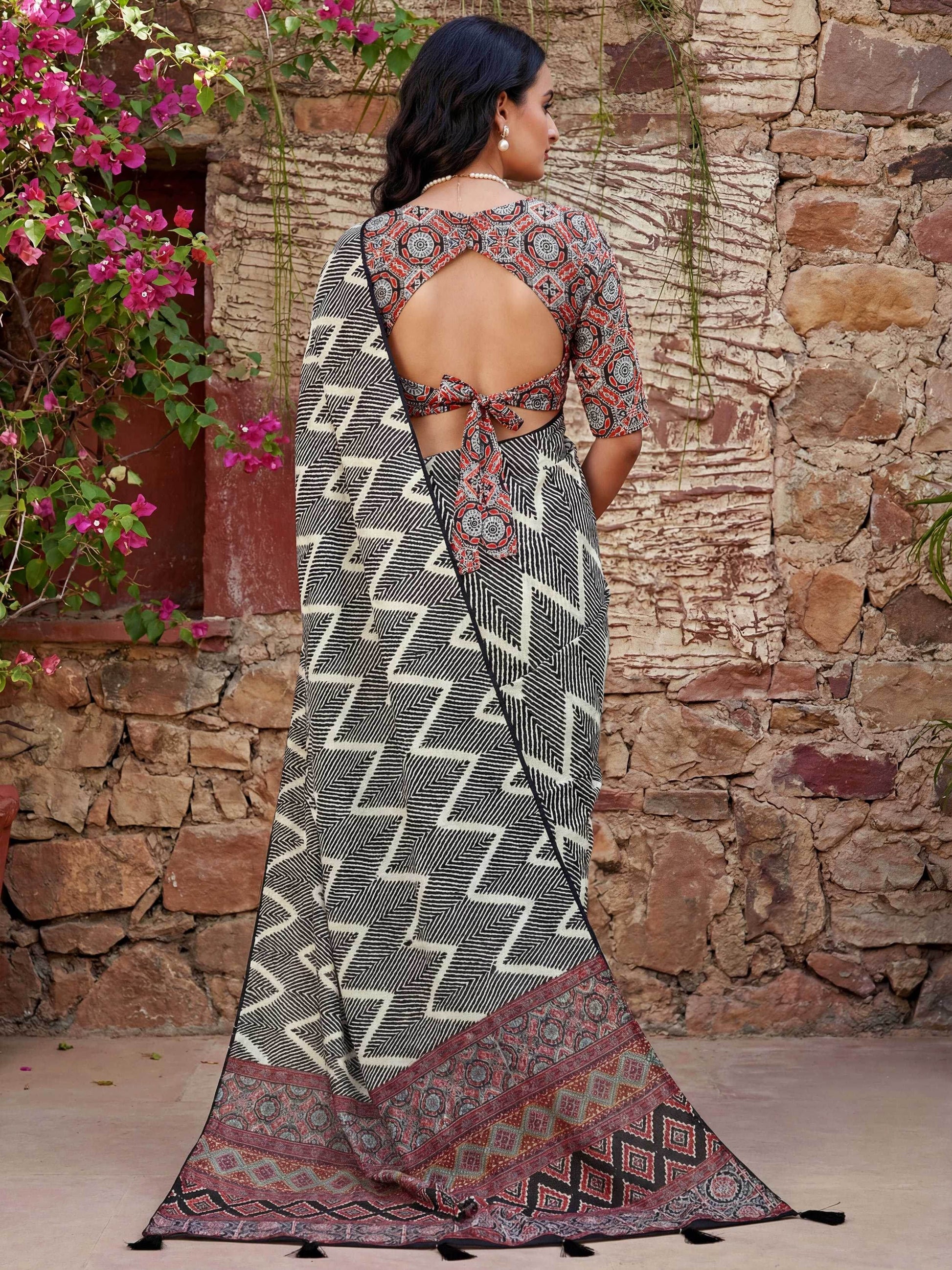Amazeballs Black Zig-Zag Printed Crepe Office Wear Saree With Blouse