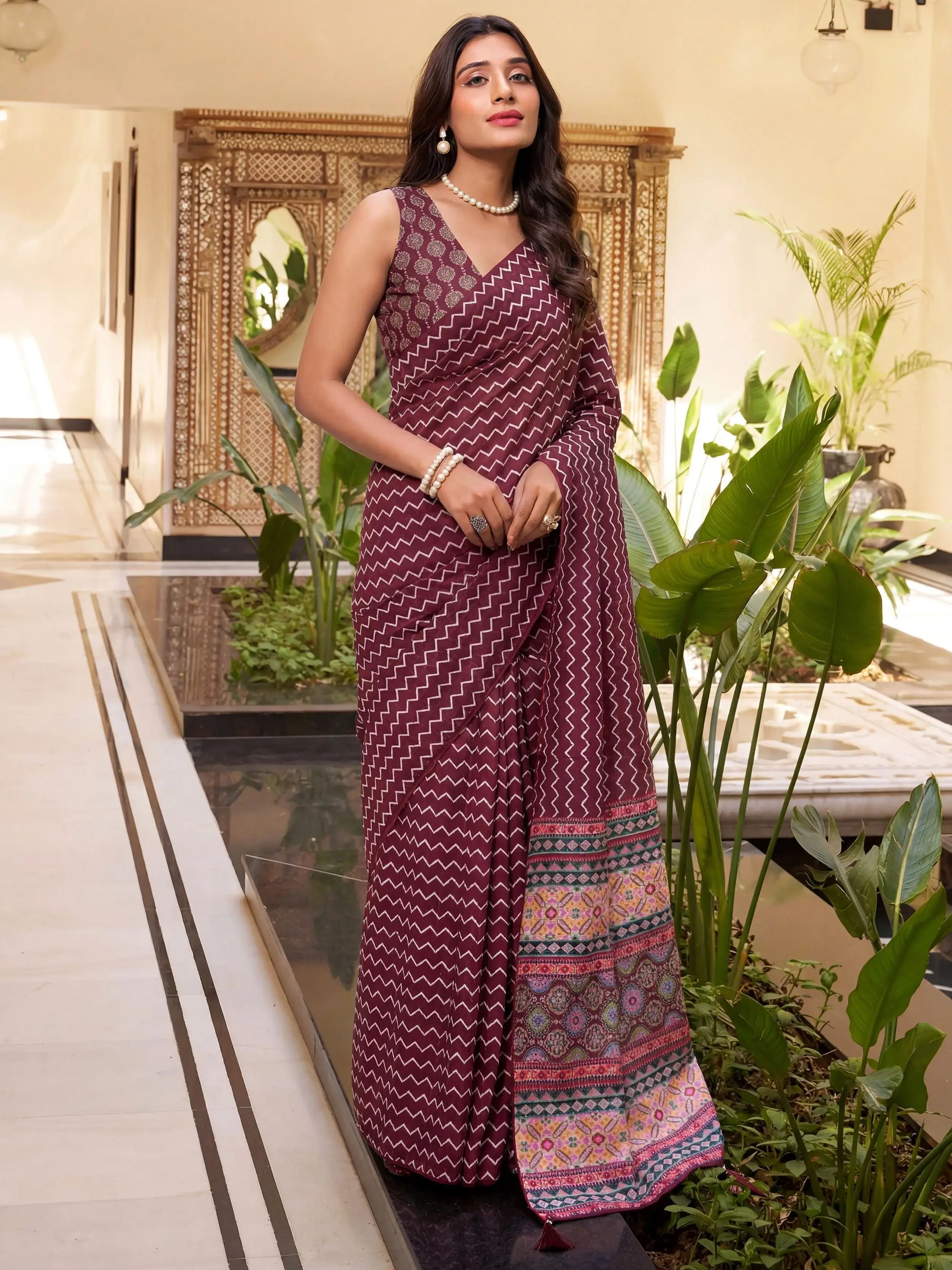 Striking Wine Zig-Zag Printed Crepe Casual Wear Saree With Blouse