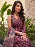 Striking Wine Zig-Zag Printed Crepe Casual Wear Saree With Blouse