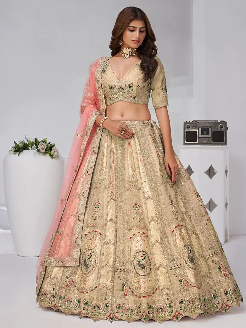Gorgeous Beige Sequins Work Banarasi Silk Event Wear Lehenga Choli With Dupatta