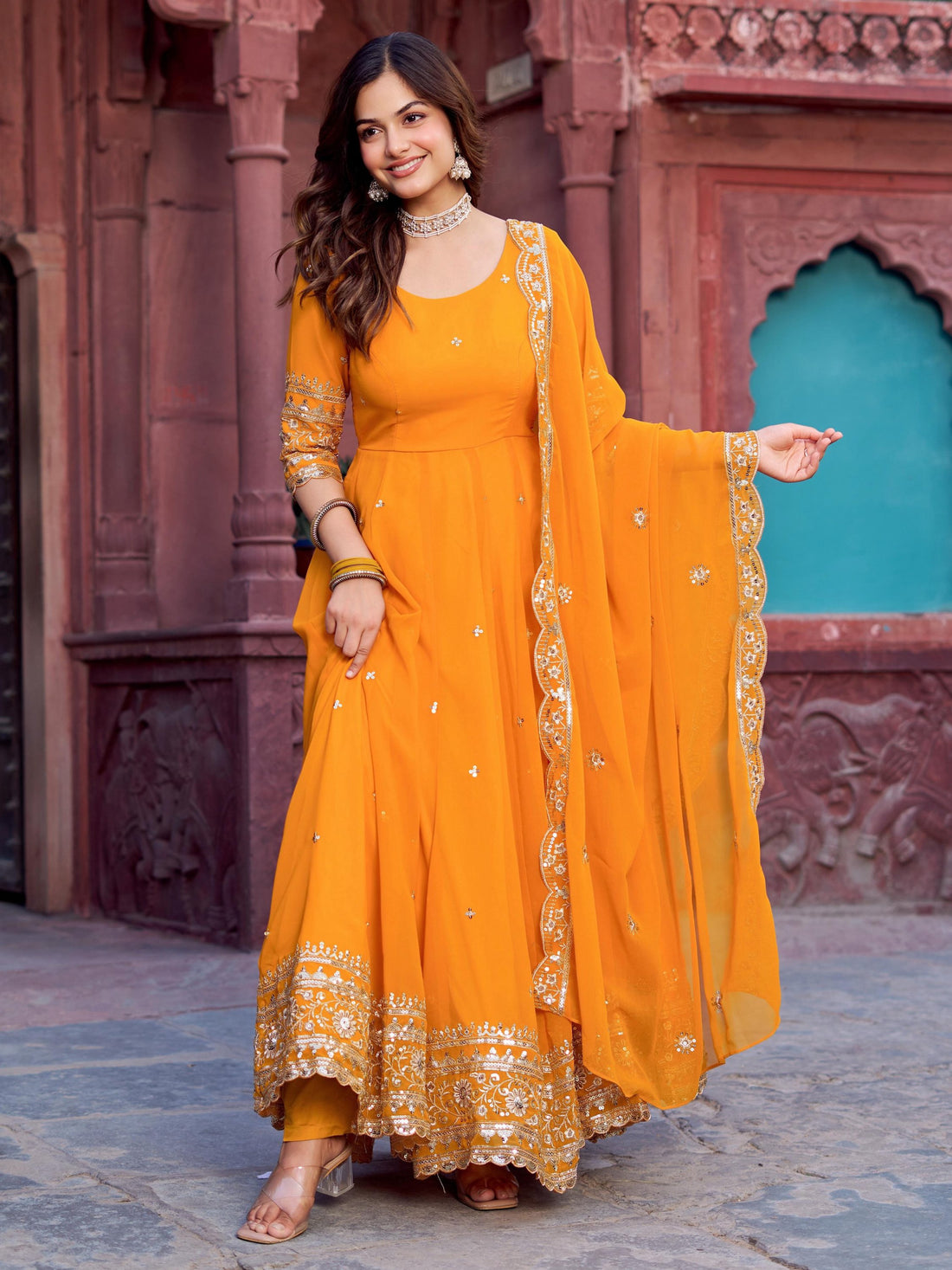 Wonderful Yellow Thread Work Georgette Haldi Wear Gown With Dupatta