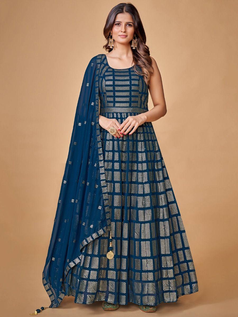 Capricious Navy Blue Sequins Embroidered Georgette Ready-Made Gown