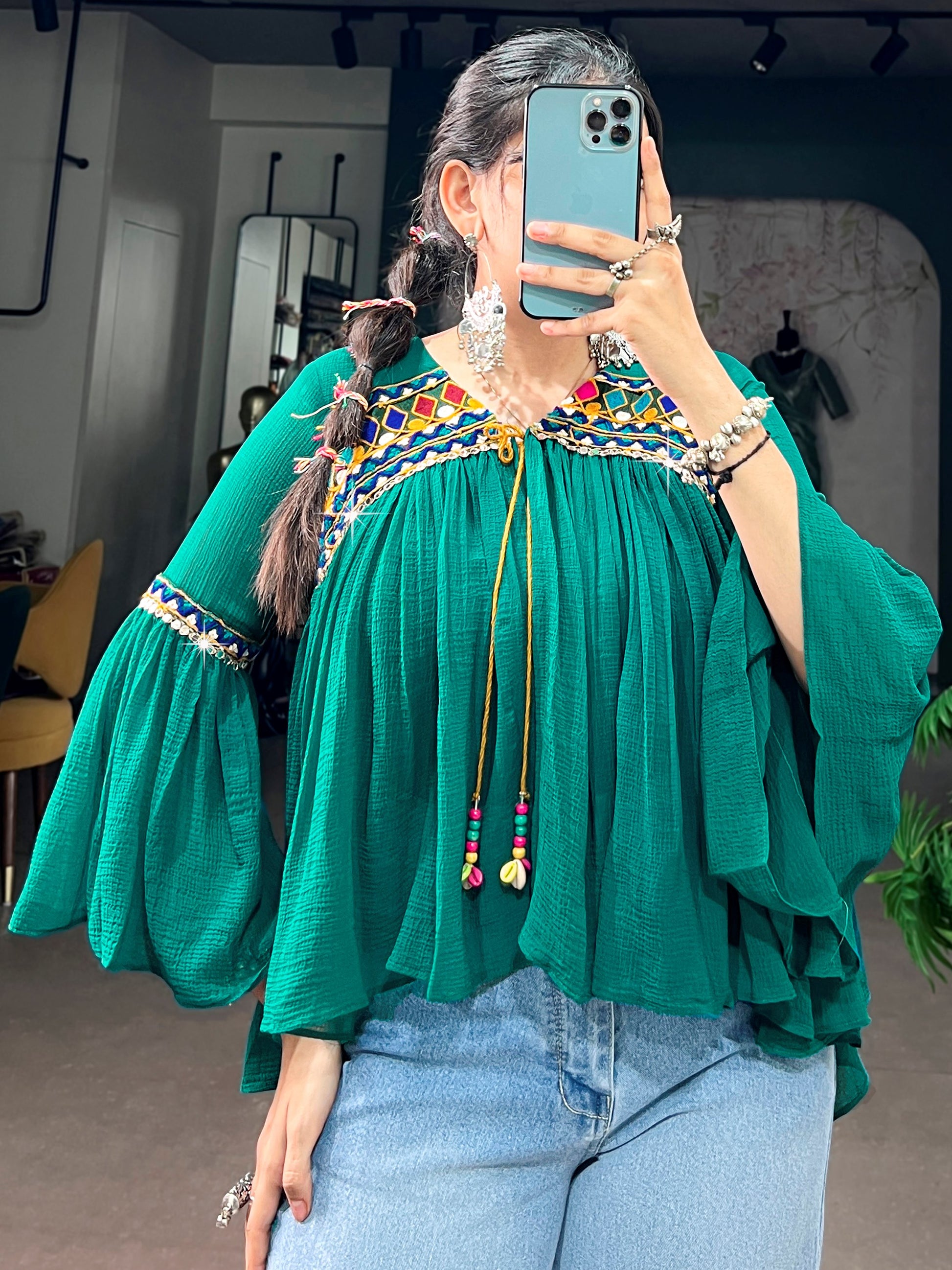 Adorable Green Gamthi Work Chiffon Navratri Wear Top