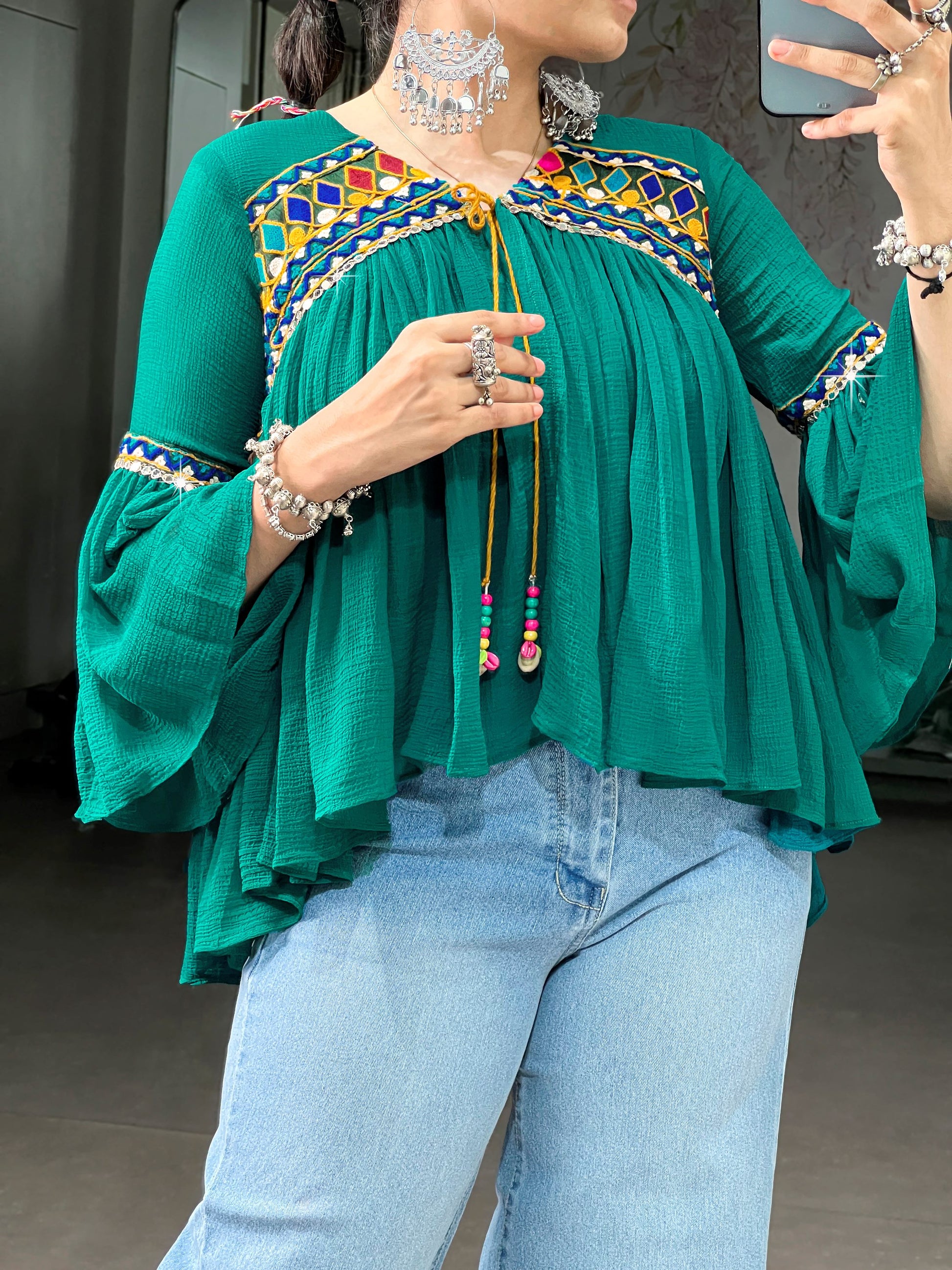 Adorable Green Gamthi Work Chiffon Navratri Wear Top