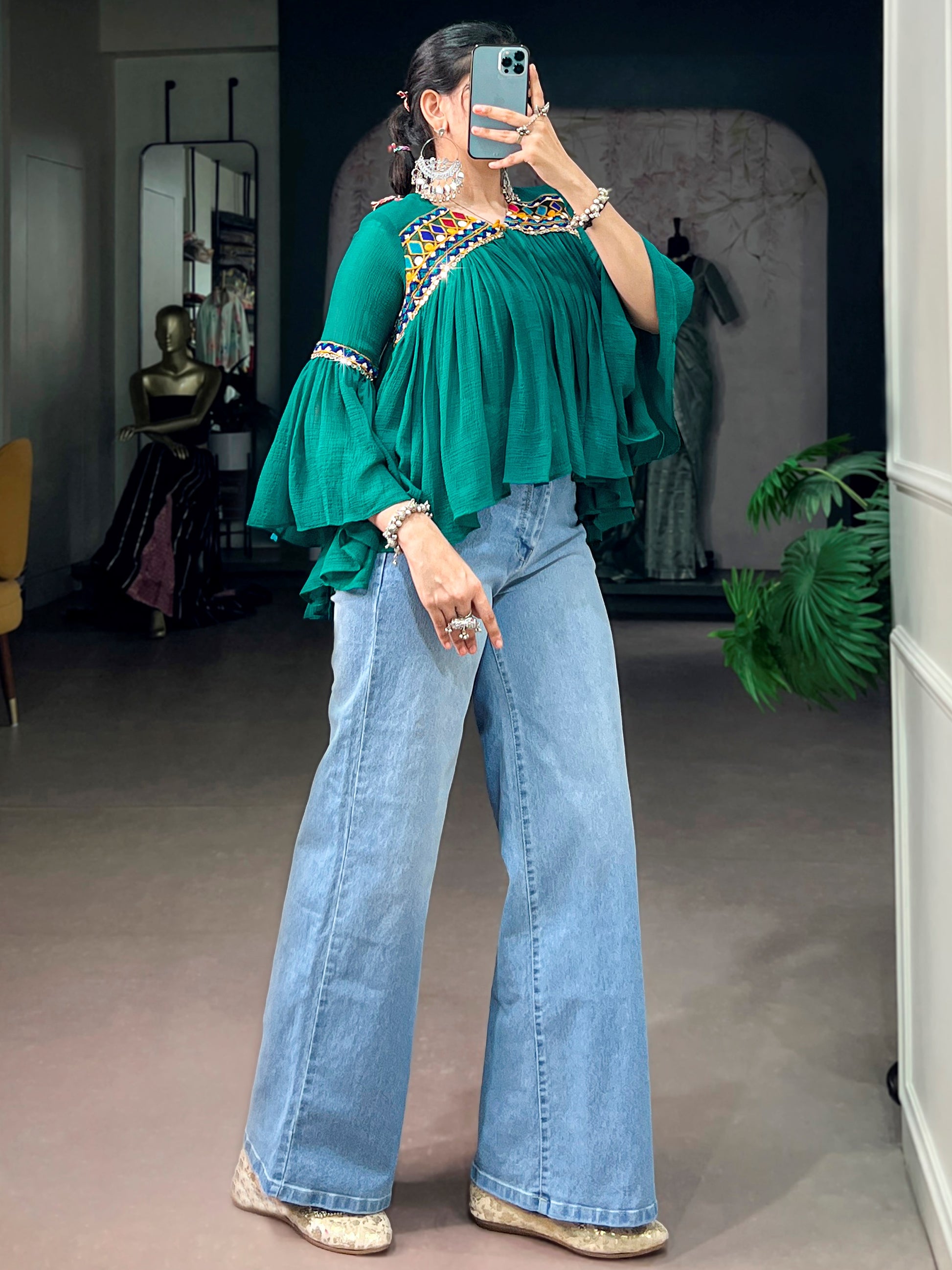 Adorable Green Gamthi Work Chiffon Navratri Wear Top