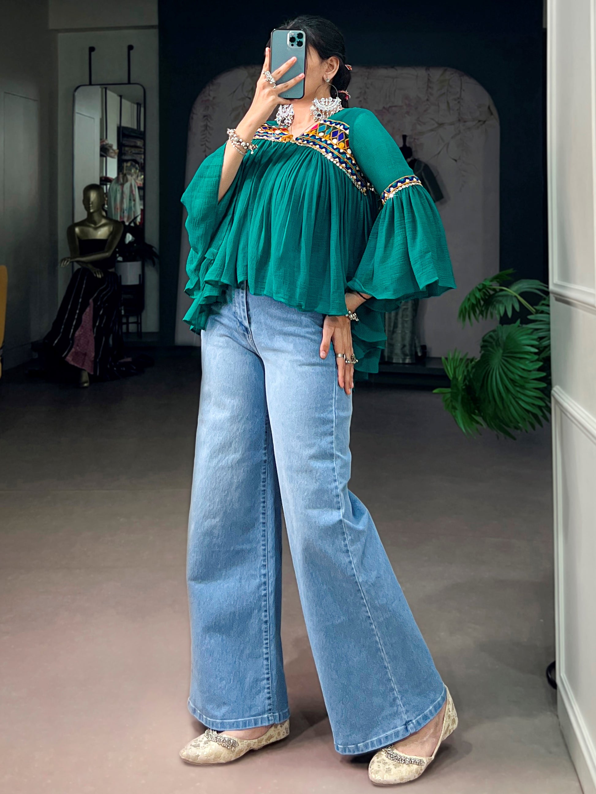 Adorable Green Gamthi Work Chiffon Navratri Wear Top