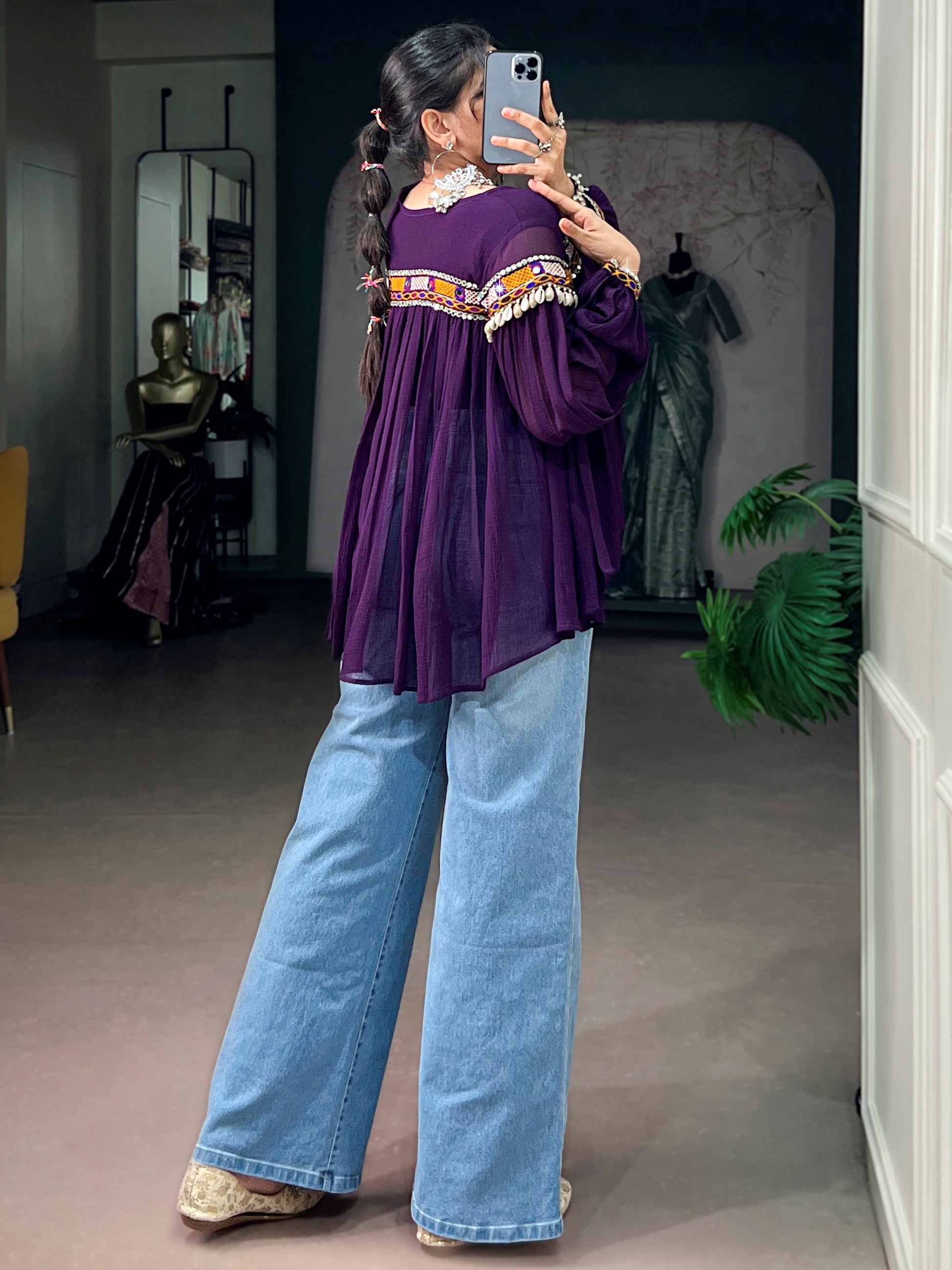 Dazzling Purple Mirror Work Chiffon Navratri Wear Top