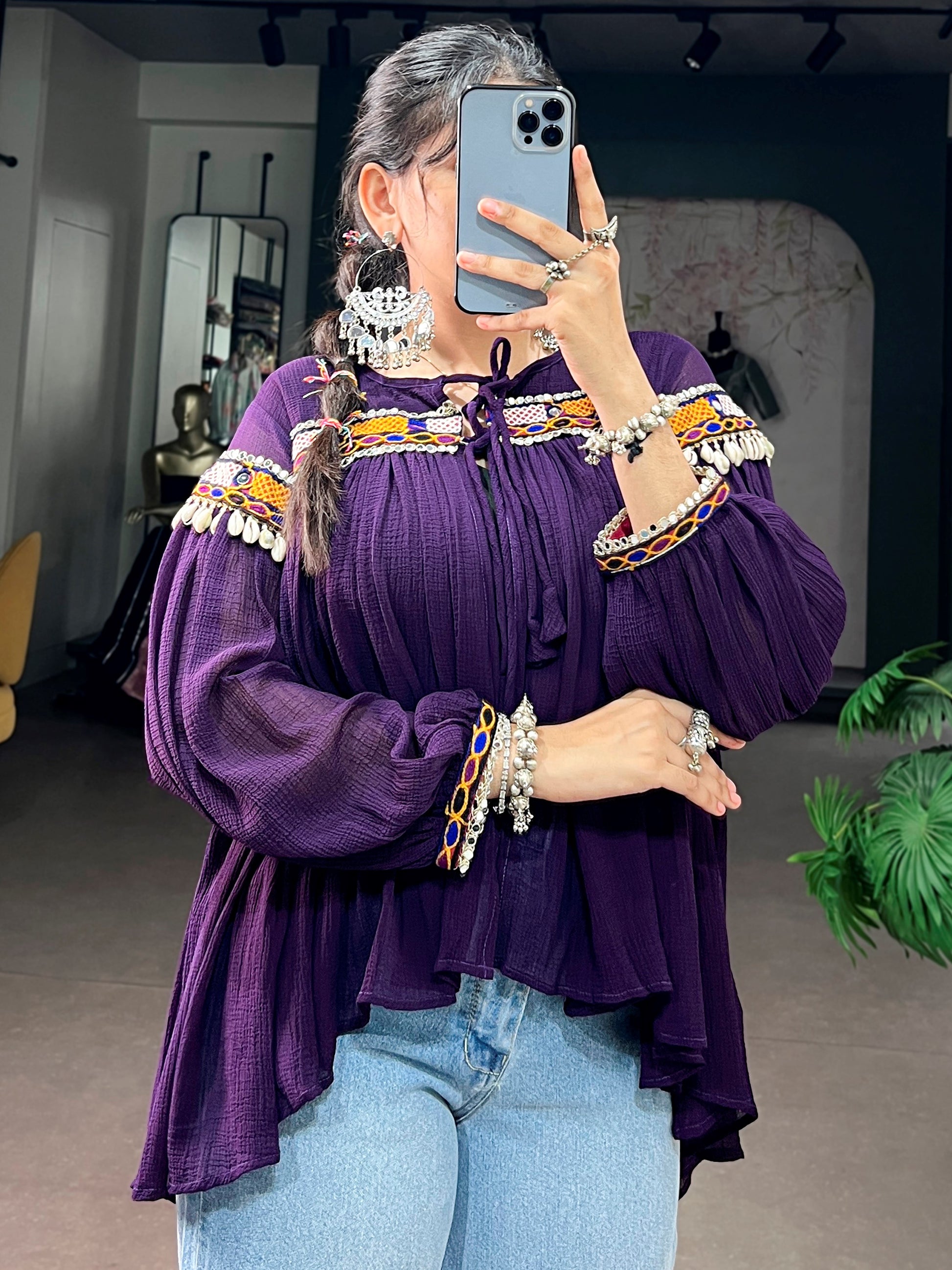 Dazzling Purple Mirror Work Chiffon Navratri Wear Top