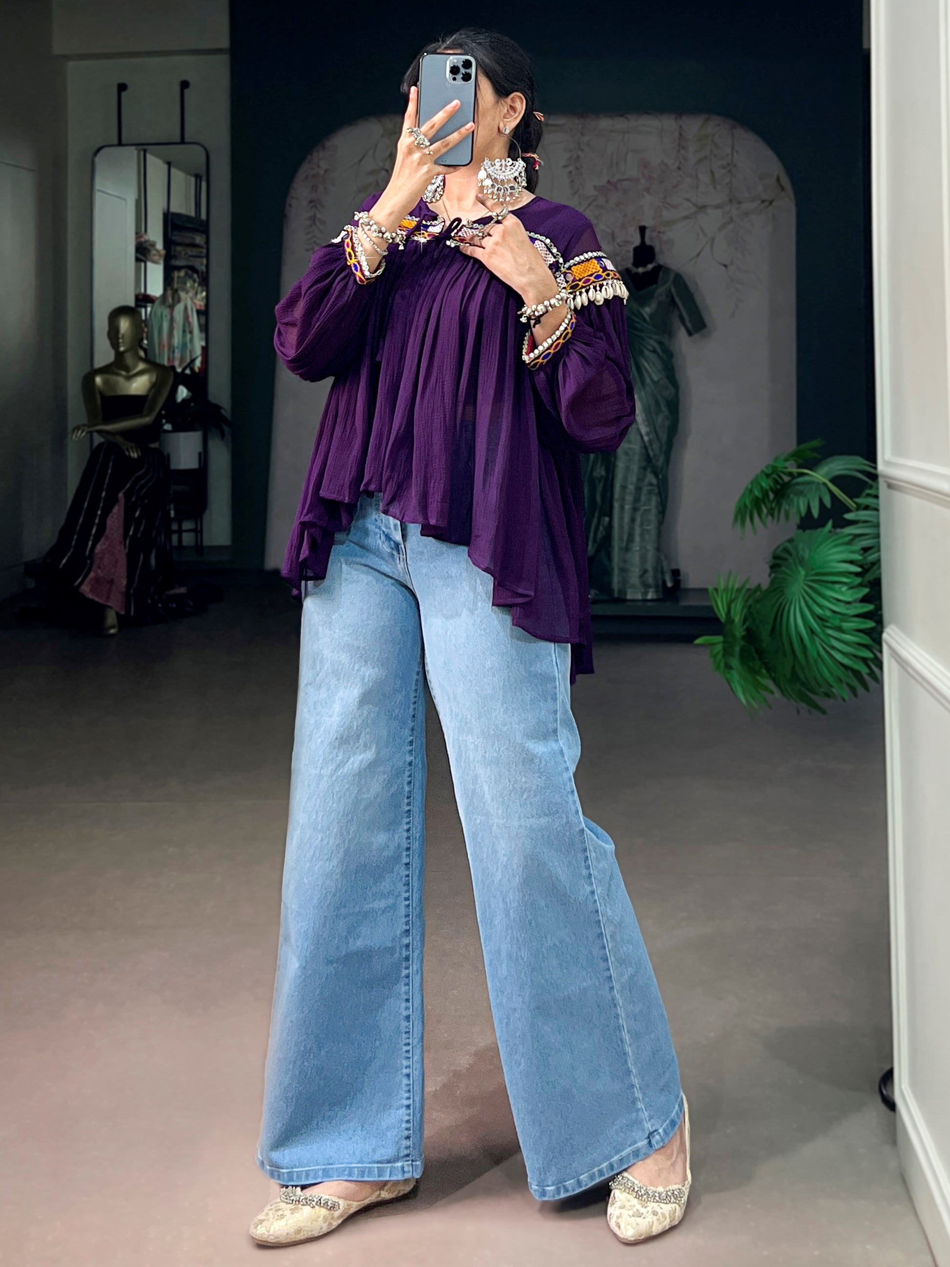 Dazzling Purple Mirror Work Chiffon Navratri Wear Top