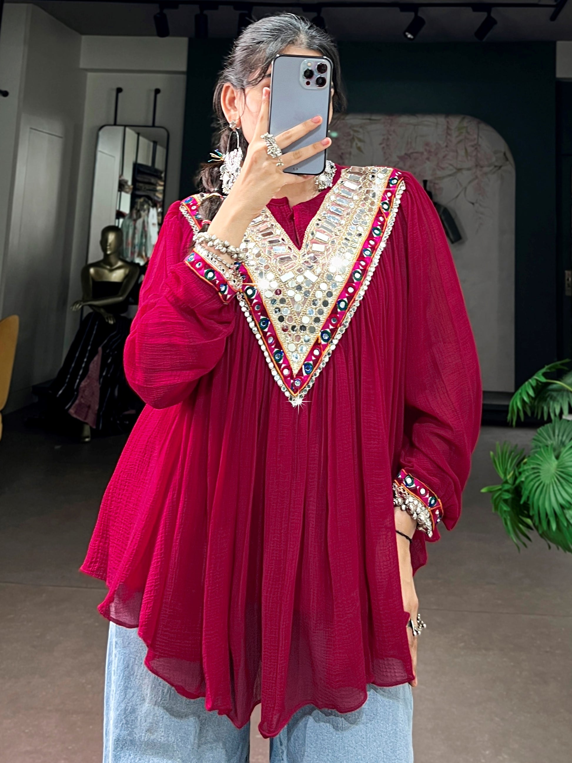 Glamorous Rani Pink Multicolor Gamthi Work Chiffon Navratri Wear Top