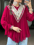 Glamorous Rani Pink Multicolor Gamthi Work Chiffon Navratri Wear Top