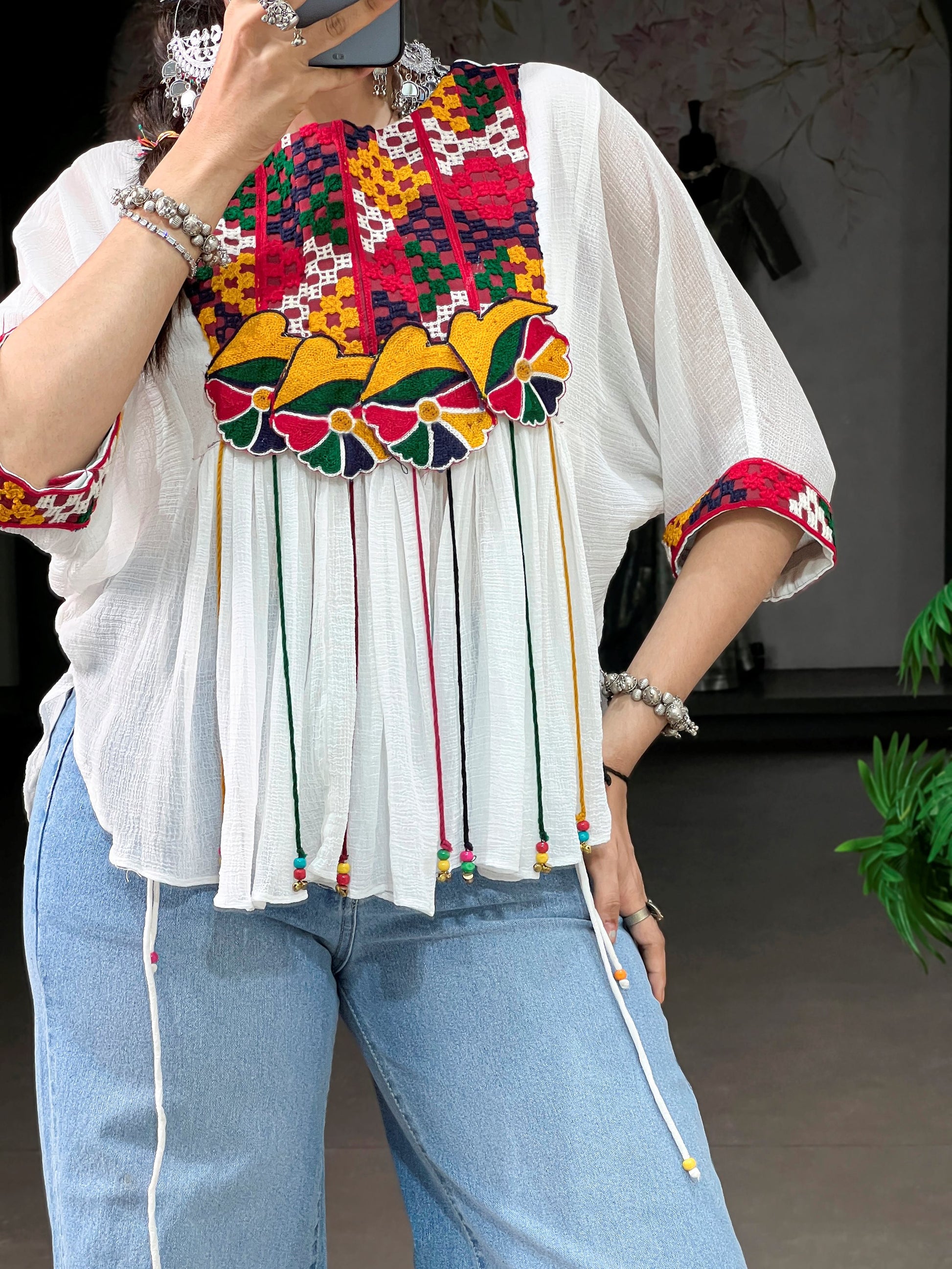 Lovely White Mirror Work Chiffon Navratri Wear Top
