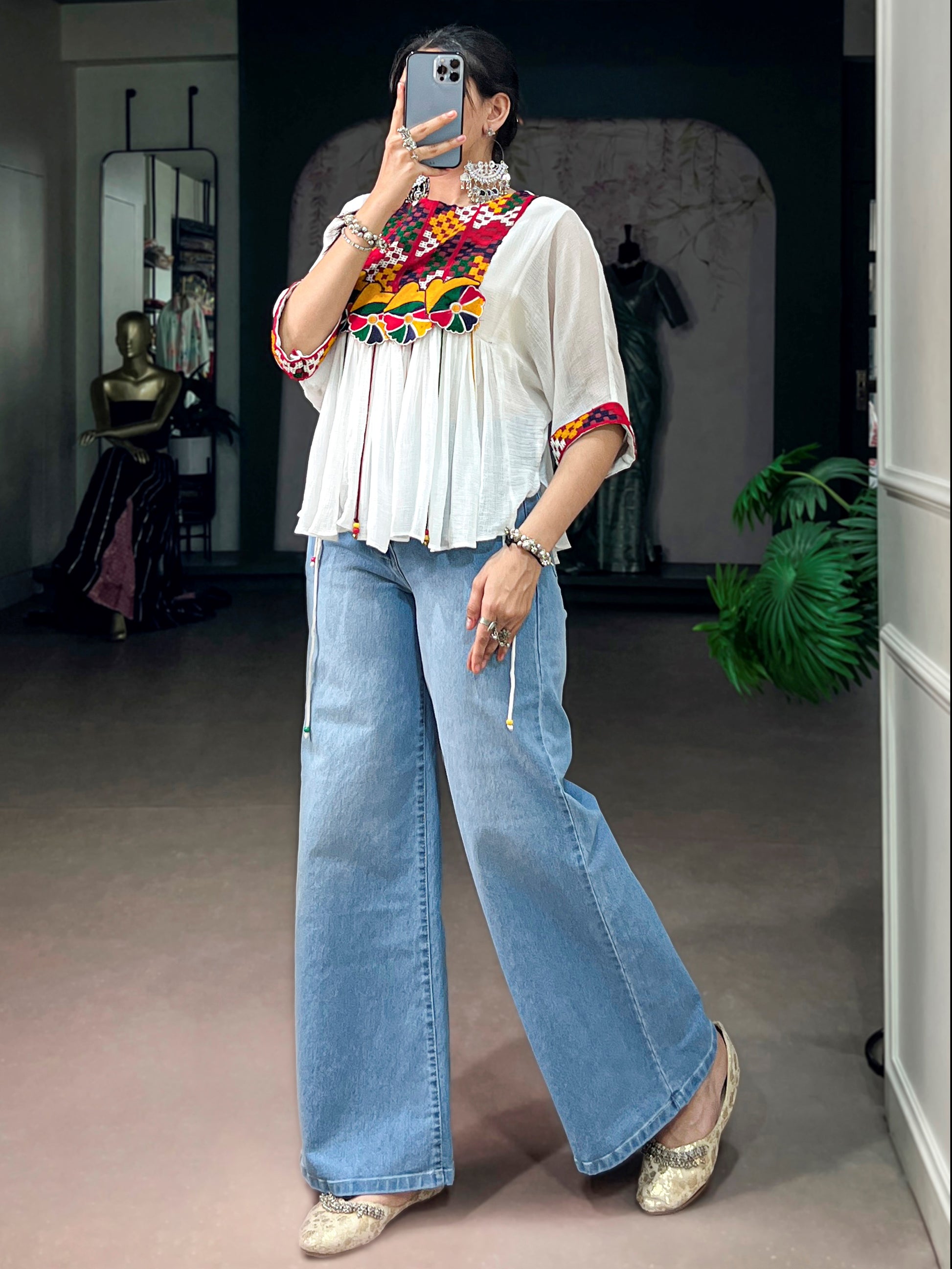 Lovely White Mirror Work Chiffon Navratri Wear Top