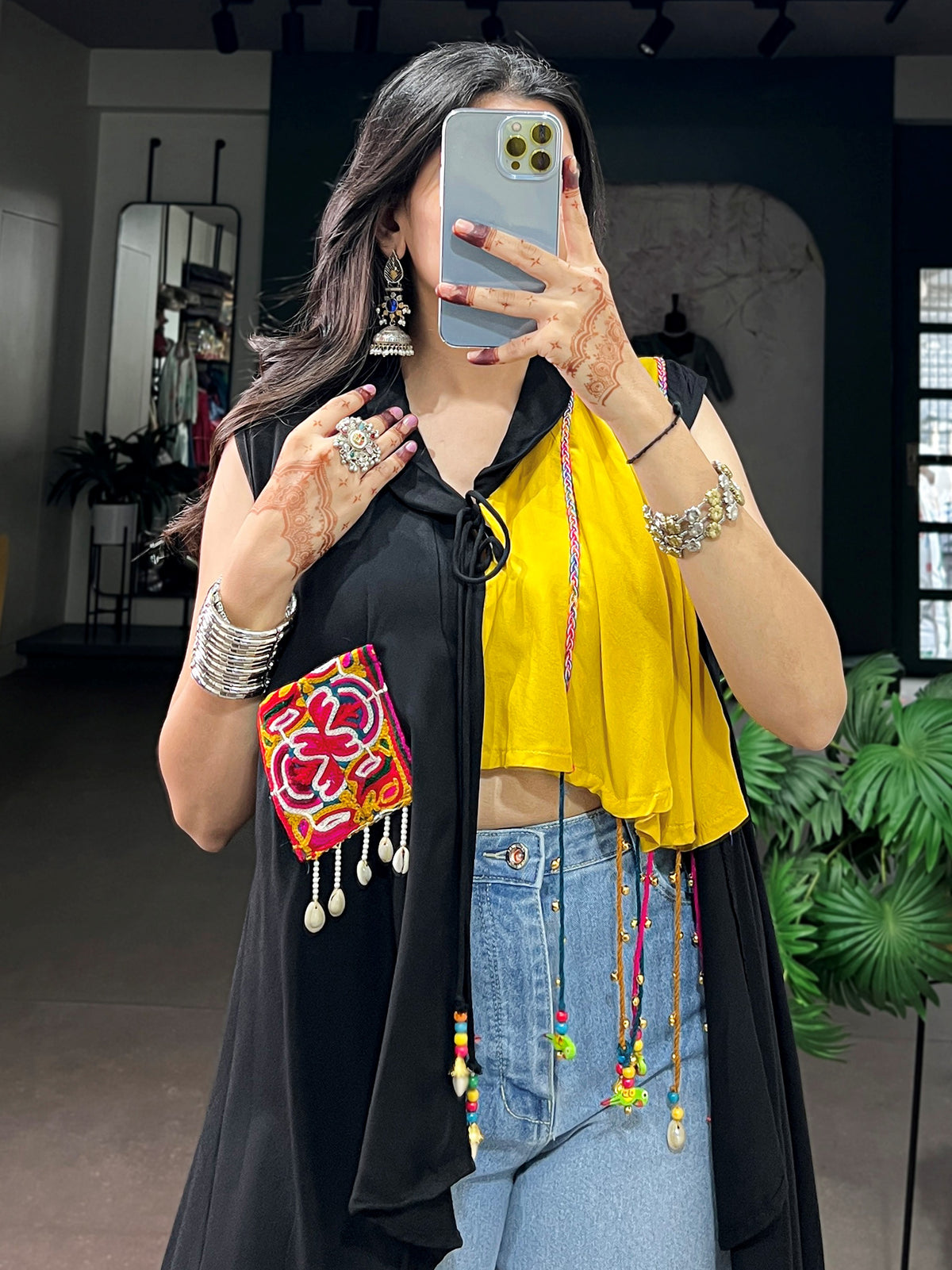 Impressive Black Gamthi Work Rayon Navratri Wear Top