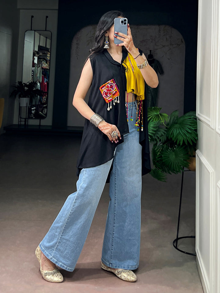 Impressive Black Gamthi Work Rayon Navratri Wear Top