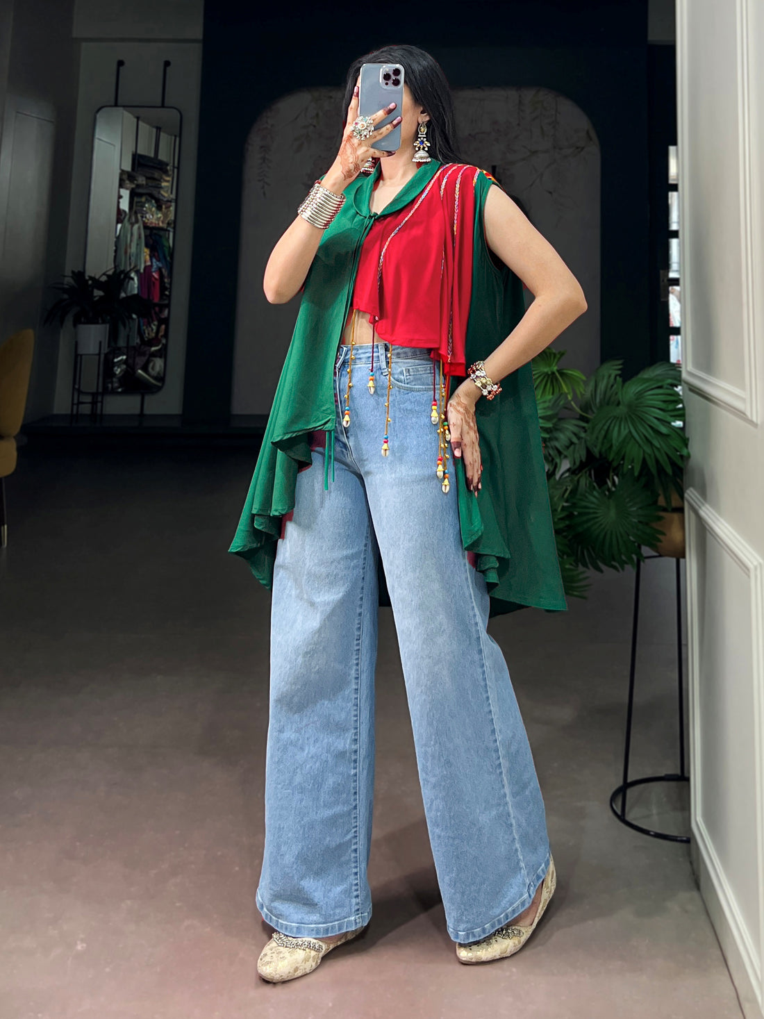 Fascinating Green Gamthi Work Rayon Navratri Wear Top