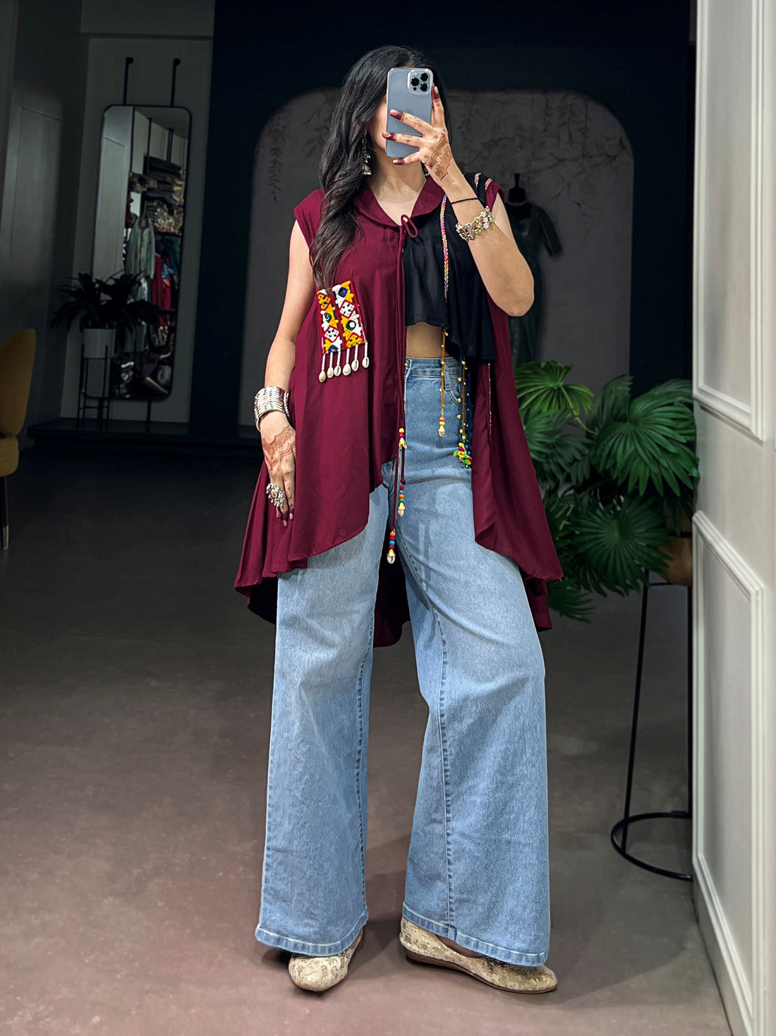 Stylish Maroon Gamthi Work Rayon Navratri Wear Top